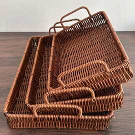 日式仿藤编托盘水果篮零食筐双耳手提方形下午茶点心面包篮子