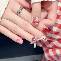 櫻桃蛋糕冰淇淋穿戴甲甜甜奶油風紅色顯白甜美歐根紗蝴蝶結美甲