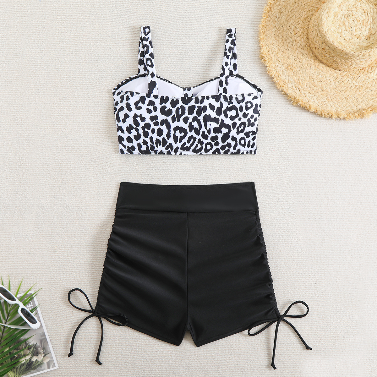 Women's Conservative Sporty Swimsuit 2025 European American New Style Printed Vest High Waisted Shorts Drawstring Cross Border Foreign Trade_ecoleips.com