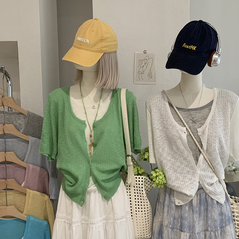 Omalai Color-Blocked Round-Neck Slim-Fit Cardigan Top, Summer Versatile Thin Style, Faux Two-Piece Short-Sleeve Knit Shirt 7280