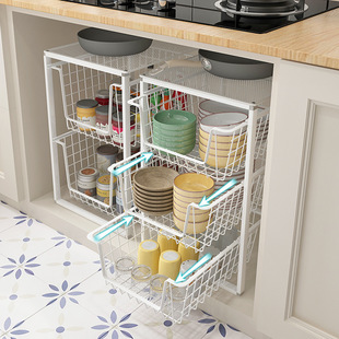 Pull-Out Basket Kitchen Cabinet Bowl Basket Drawer-Type Seasoning Double-Layer Dish Corner Rack Kitchen Cabinet Snack Pull-Out Built-In Dish Rack
