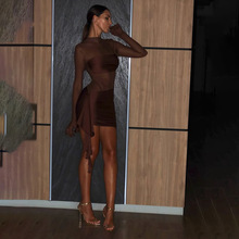 欧美风跨境新款2025女装性感网纱拼接镂空褶皱圆领修身长袖连衣裙