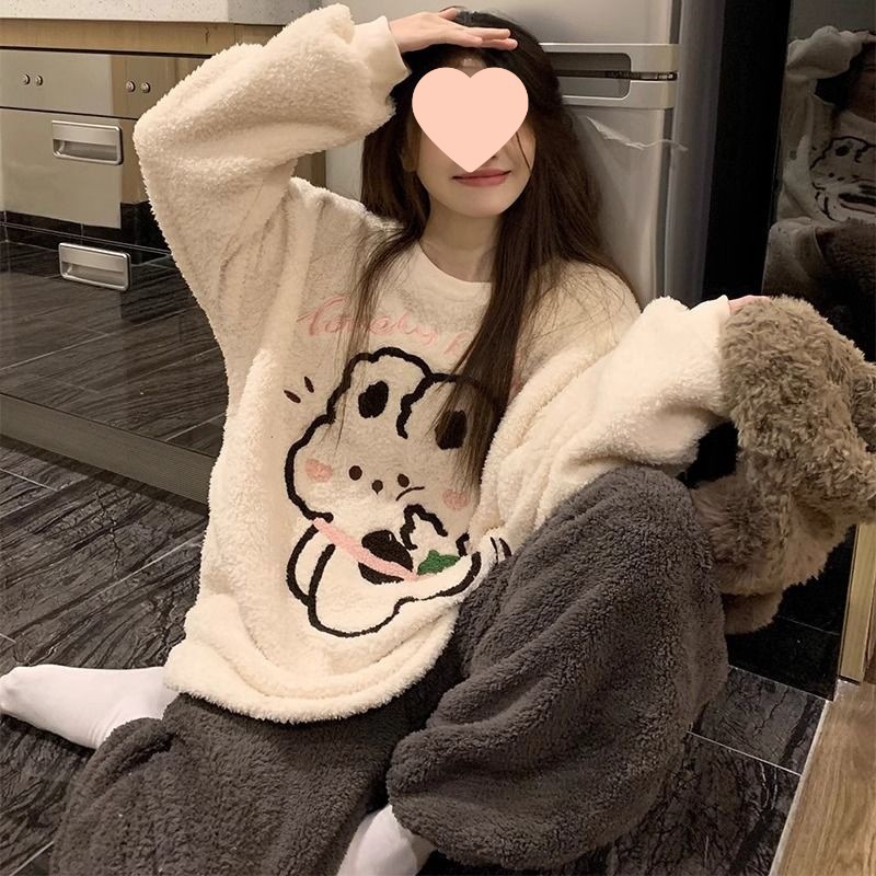 韩版甜美珊瑚绒睡衣女秋冬季加绒加厚卡通可爱法兰绒家居服套装