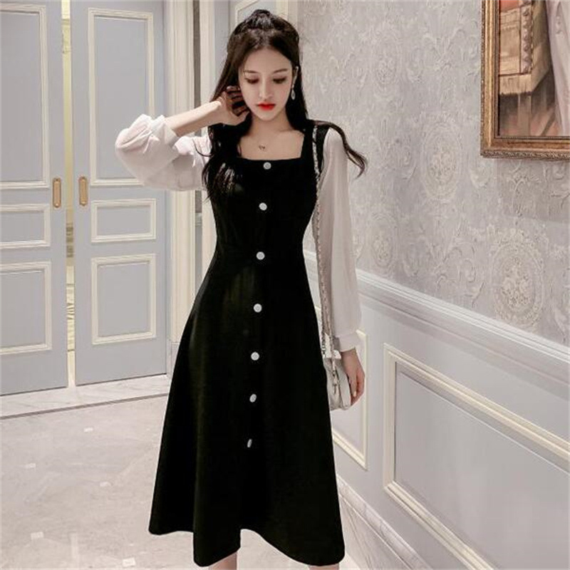 Cross-border wholesale autumn new women's small black dress square collar temperament long sleeve black sexy dress long skirt Cross-border wholesale autumn new women's small black dress square collar temperament long sleeve black sexy dress long skirt