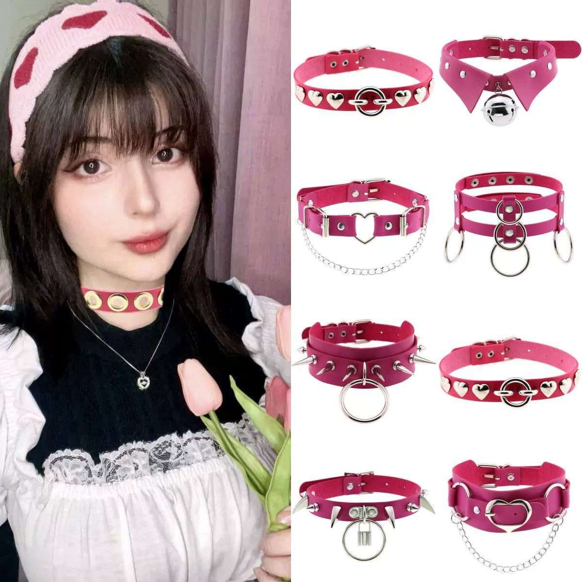 Y2K панк-рок милый Harajuku тяговый цепной замок розово-красный кожаный воротник с заклепками в стиле Yabi культурные аксессуары