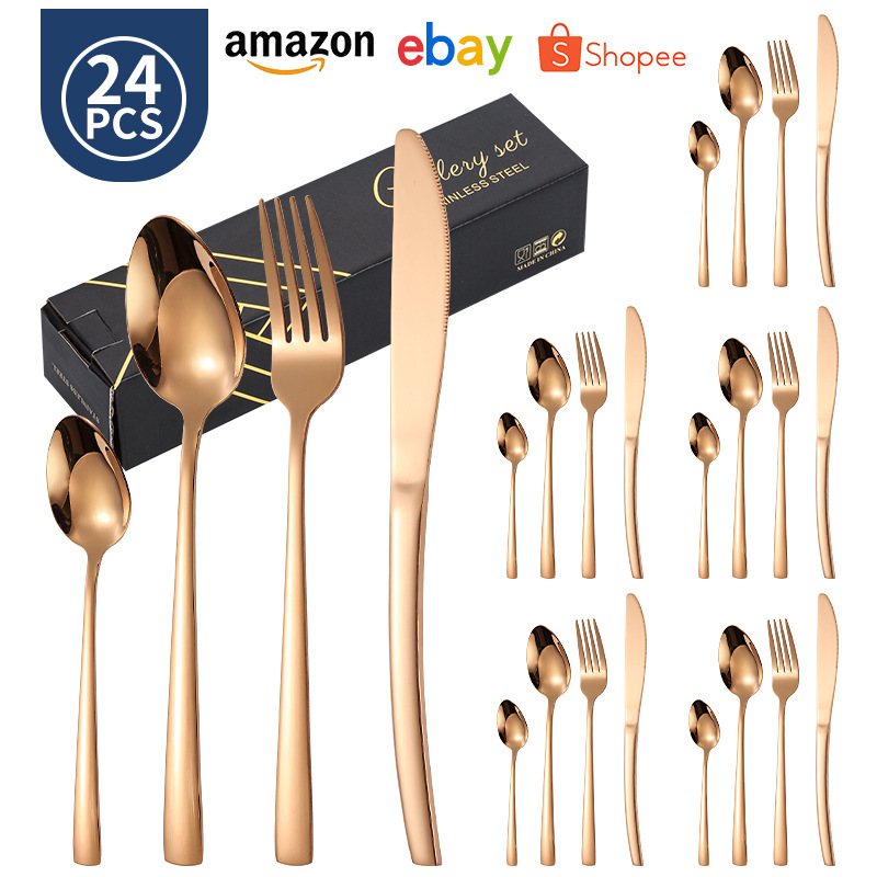 Juego de vajilla de 24 piezas de cuchillo y tenedor de acero inoxidable de venta caliente transfronteriza caja de regalo cuchara de comida occidental de Amazon dorada chapada en titanio
