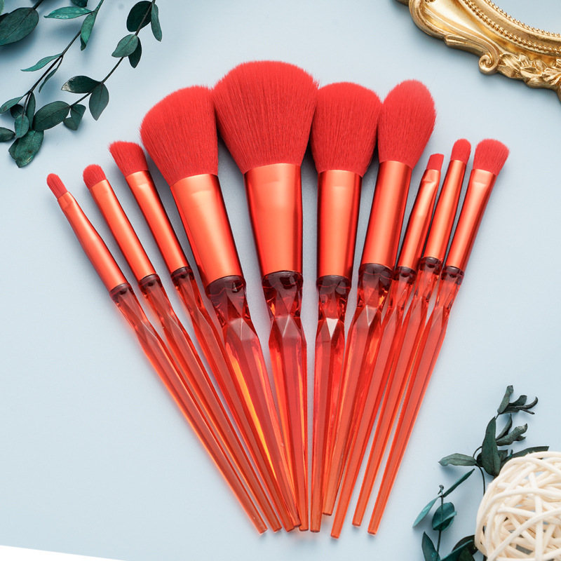 New 10-piece diamond crystal handle makeup set brush, dark green and bright red eyeshadow brush, loose brush, cross-border beauty tool Item Picture