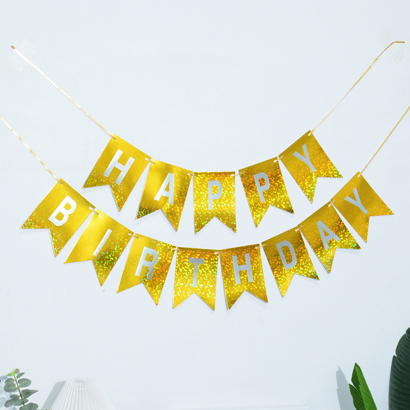 Papel de cumpleaños inglés dorado superficie brillante cola de pez tire bandera Feliz cumpleaños carta colorida bandera accesorios de decoración de fiesta