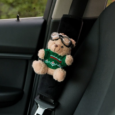 safety belt set car decoration, Seat belt shoulder pad - forest-green-sweater-bear-black-velvet-shoulder-cover