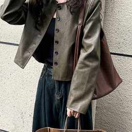 皮衣女短款外套2025春秋新款韩版百搭显瘦单排扣pu机车服皮夹克潮