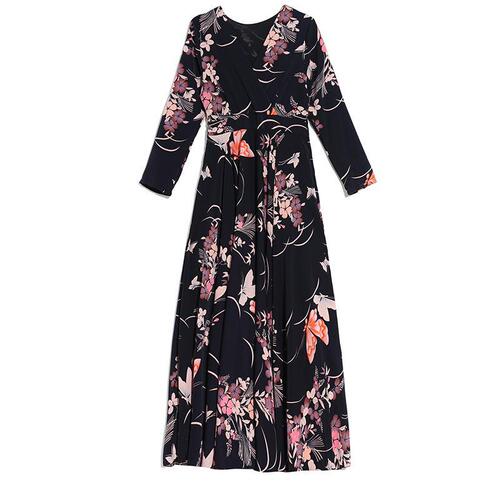 Spring and autumn long-sleeved women's dress V-neck printed slimming fashionable temperament middle-aged and old mother women's dress