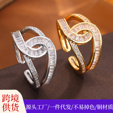 跨境代发几何满钻精致时尚戒指 高级感开口调节指环百搭批发戒指