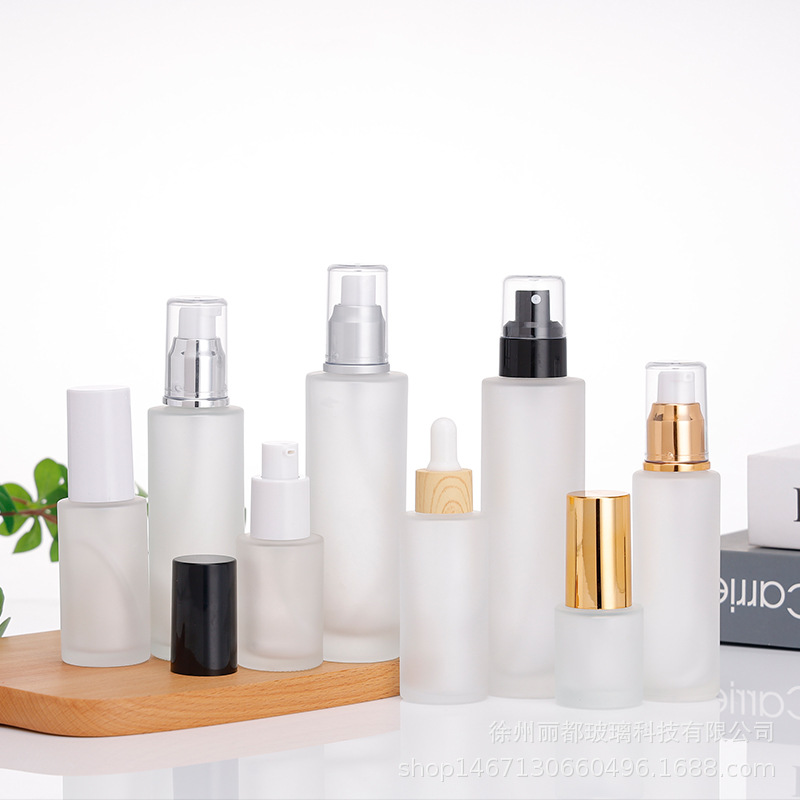 现货供应黑白罩蒙砂透明20ml/100ml按压乳液分装瓶玻璃喷雾化妆品