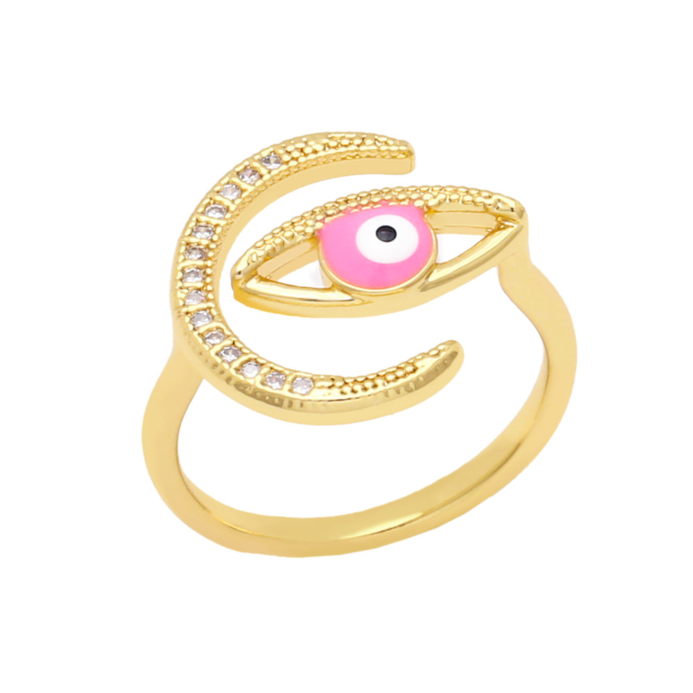 Copper 18K Gold-plated Inlaid Zircon Moon Devilu0027s Eye Adjustable Ring