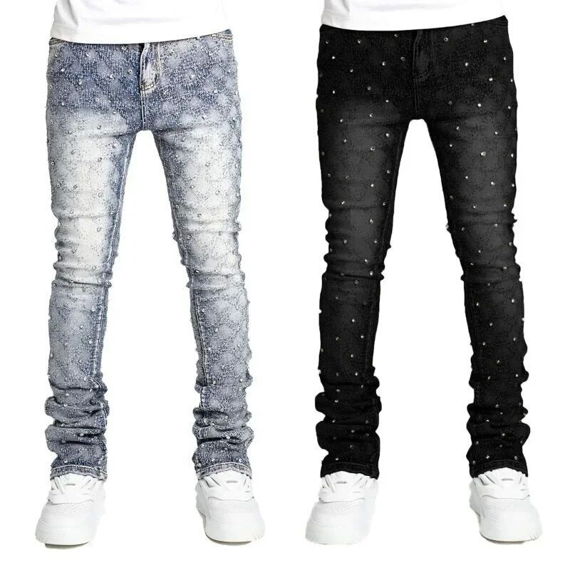 Black Trendy Men's Flared Jeans with Starry Pattern, Rivets, and Rhinestone Embellishments for Casual Wear Black Trendy Men's Flared Jeans with Starry Pattern, Rivets, and Rhinestone Embellishments for Casual Wear