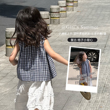 艾摩贝贝2025夏季新品童装女童宝宝森系棉布无袖衬衫格子背心上衣