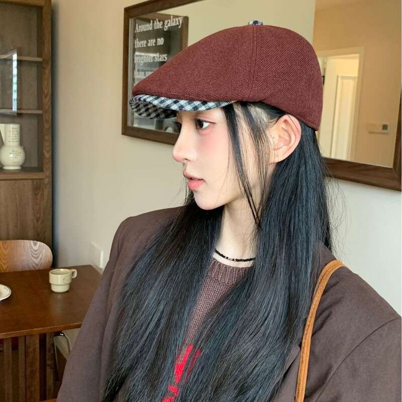 韩版格子檐时尚反戴前进帽秋冬新款鸭舌帽子女百搭气质潮流贝雷帽|undefined