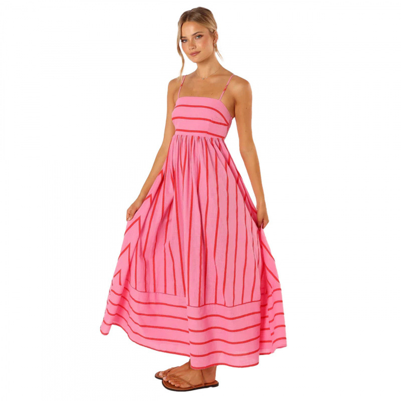Women's Striped Sling Backless Dress Fresh Style Swing Model Spring Summer_ecoleips.com