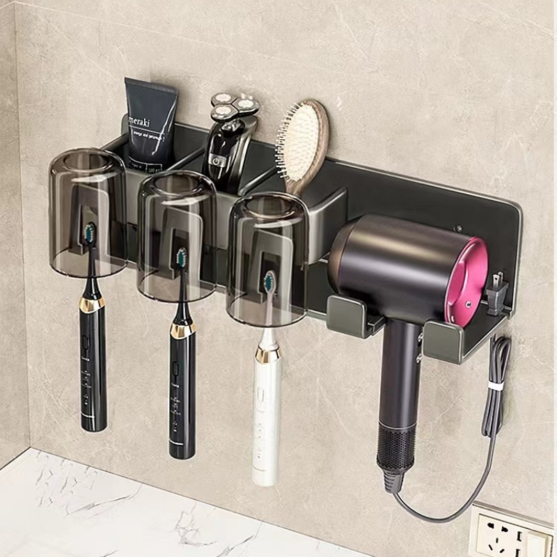 Electric toothbrush storage rack hair dryer integrated bathroom bathroom whole family punch-free wall-mounted mouthwash cup tooth set