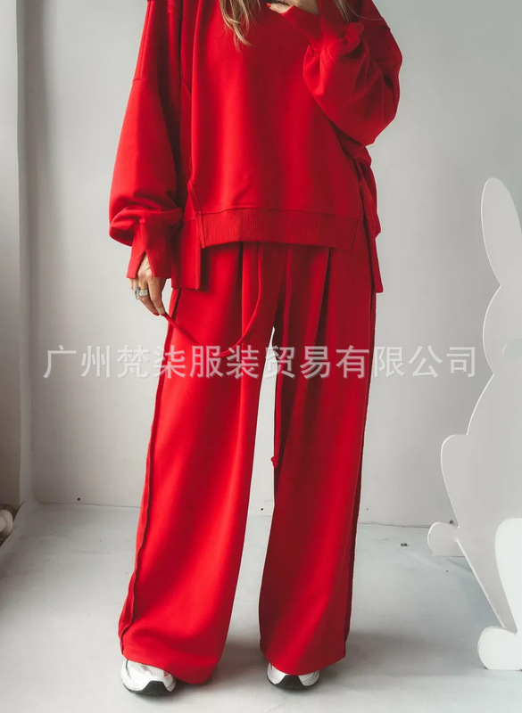 欧美跨境2025秋冬亚马逊新款圆领拼接卫衣抽绳运动长裤休闲套装女|undefined