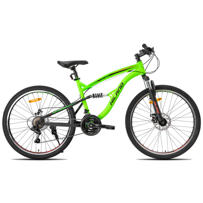 26inch Dual shock absorber mountain bike with soft tail, high carbon steel, front and rear disc brakes, 21-speed Shimano rear derailleur 26inch Dual shock absorber mountain bike with soft tail, high carbon steel, front and rear disc brakes, 21-speed Shimano rear derailleur
