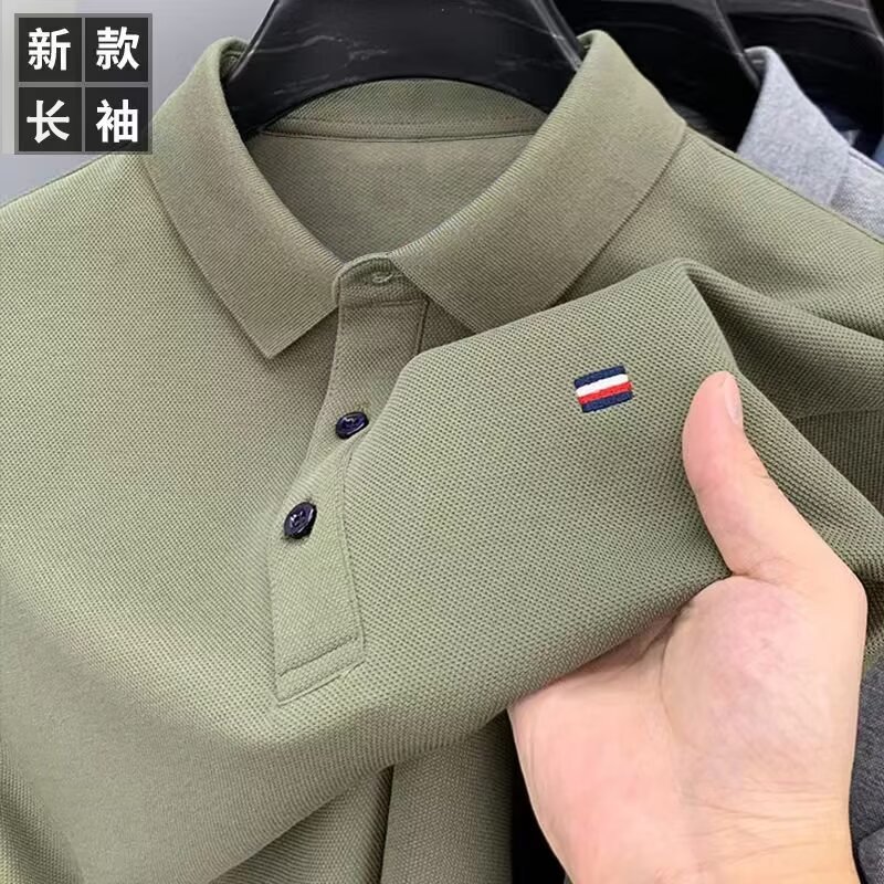 春秋季2025新款男士长袖T恤上衣翻领POLO衫刺绣花商务男装休闲|undefined