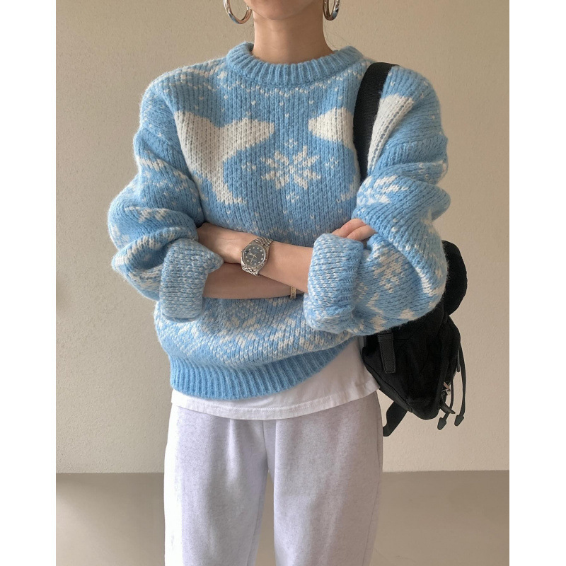 in stock South Korea Ins Vintage Polar Bear Jacquard Long Sleeve Pullover Sweater