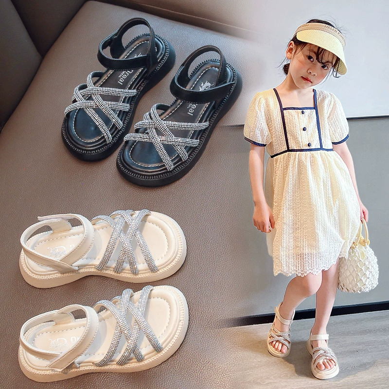 Сандалии для девочек, новинка лета 2024, детская обувь в римском стиле, сандалии маленькой принцессы, детская пляжная обувь для девочек среднего и большого размера