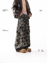 美式复古多口袋迷彩工装裤男解构条纹设计松紧腰宽松休闲直筒裤子