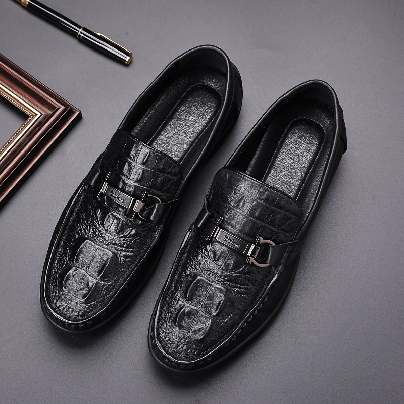 New Genuine Leather Beanie Shoes for Men, Casual Leather Shoes for Men, Breathable Slip-Ons, Crocodile Head Layer Cowhide Shoes, Wenzhou