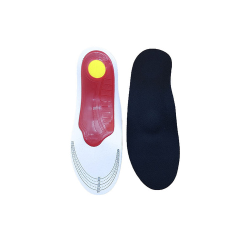 Footwear with arch support, motion reduction, cushioning, high elasticity, correction for flat feet, and heel lift.