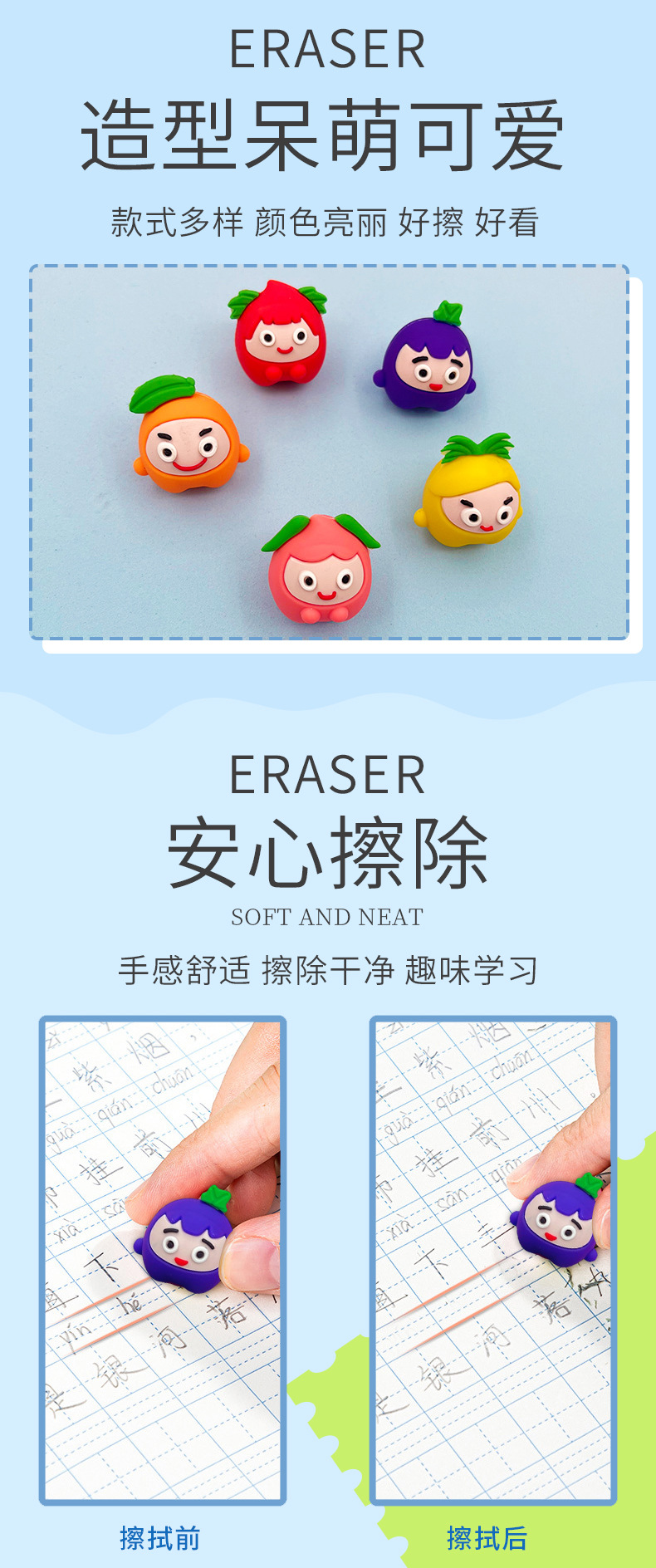 创意可爱水果橡皮擦可爱橡皮擦无屑擦得干净儿童小学学习用品批发详情3