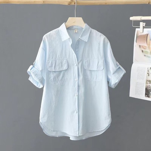 Women's Short Sleeve Solid Color Shirt 2025 Summer Outerwear Design Style Loose Thin Top for Women