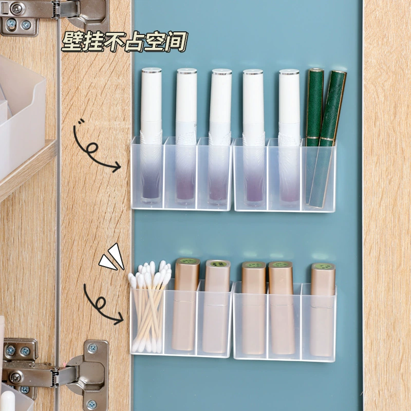 Lipstick, storage box, curlers for eyebrows, scissors, eyebrow pencil, brush, storage system