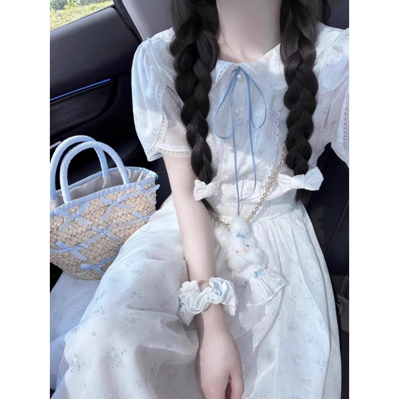 甘い花柄ドレス女性のための 2025 夏の新しい小さなリボンミッドレングススカート|undefined