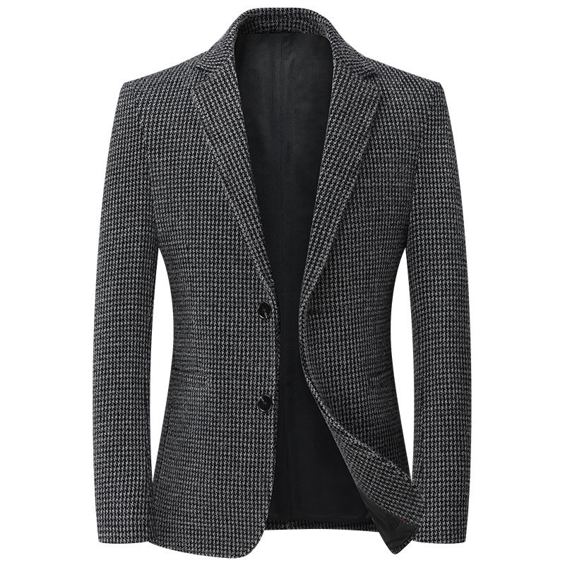 Áo vest nam dáng ôm họa tiết chữ nhật nhỏ, vải co giãn dày, không cần ủi, tay dài — Ca rô Houndstooth xám nhạt, Ca rô Houndstooth Đen Xám
