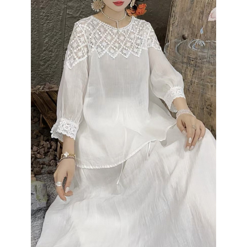 2026 New Summer Style Breathable Ramie Spliced Lace Long-Sleeved Shirt for Women Pure Color Pullover Shirt 2026 New Summer Style Breathable Ramie Spliced Lace Long-Sleeved Shirt for Women Pure Color Pullover Shirt