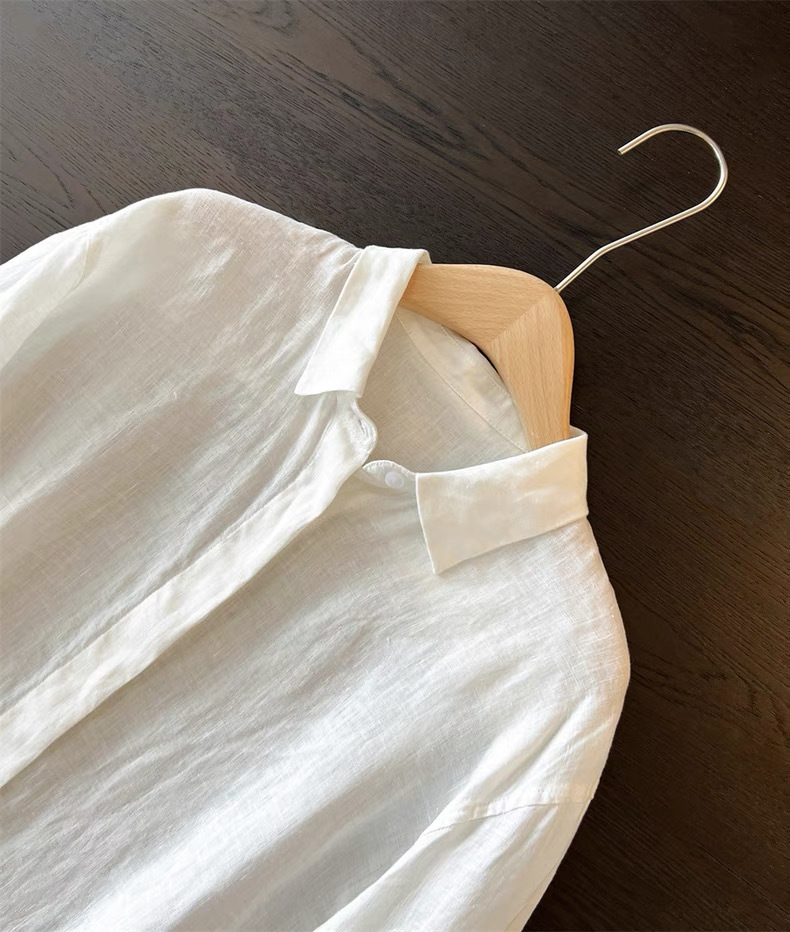 Áo sơ mi linen nữ tay dài phong cách Pháp, chất cotton pha lanh cao cấp, form rộng thoáng mát — màu xanh nhạt chi tiết 6