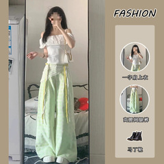 女性用スーツ 2025 夏 ピュア セクシー ホットガール ワンショルダー 半袖 Tシャツ トップ ハイウエスト ワイドレッグ パンツ 2点セット トレンド