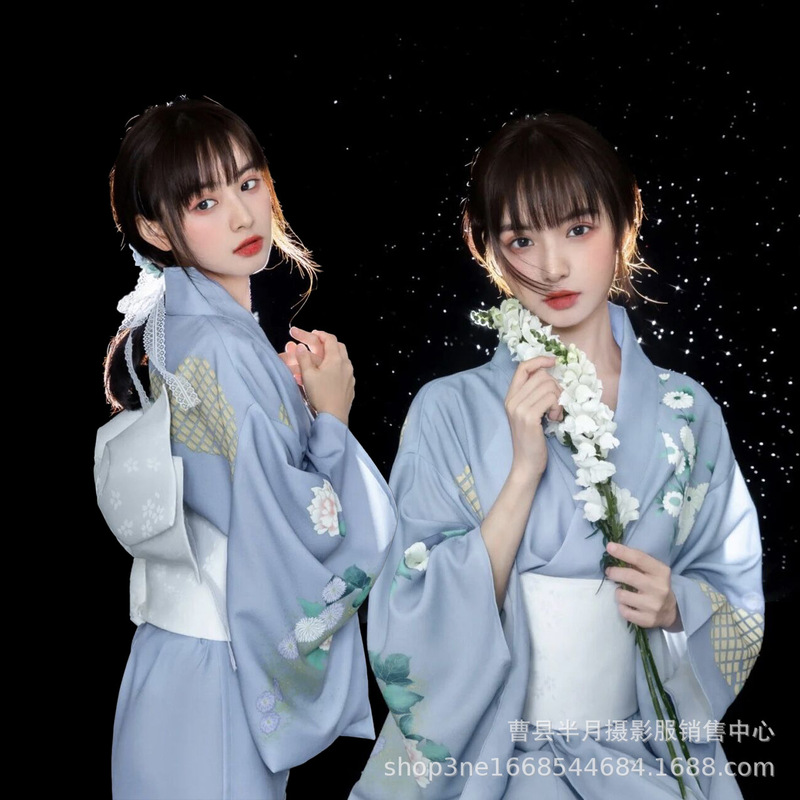 New Style Kimono Women's Dress Traditional Japanese Modified Kimono Bathrobe Kimono Portrait Blue Sakura Dress