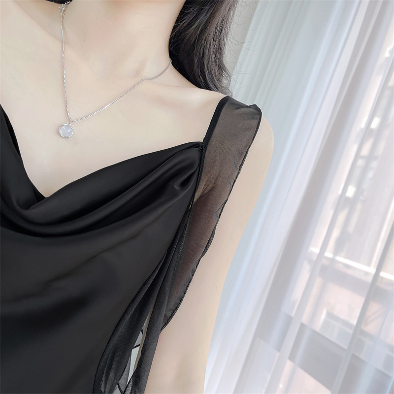 2024 spring and summer new sexy pajamas women's ice silk ribbon chest pad swing collar strap nightdress pure desire style home