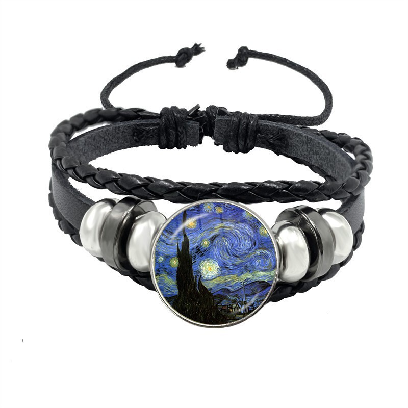 Cross-border Van Gogh oil painting Starry Night vintage hand-woven leather bracelet, vintage Van Gogh's Sunflowers Cross-border Van Gogh oil painting Starry Night vintage hand-woven leather bracelet, vintage Van Gogh's Sunflowers