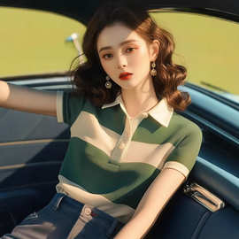 2026春夏季新款甜美小翻领薄针织T恤衫女撞色蝴蝶结上衣