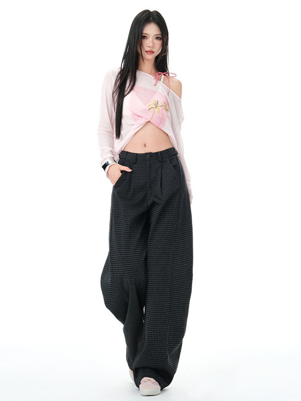 十三行·芸和鱼复古格子弯刀裤女2025秋新款高腰显瘦设计感直筒裤|undefined