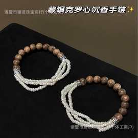 轻奢设计款藏银克罗心沉香弹力绳手链s925纯银默认总长17cm左右