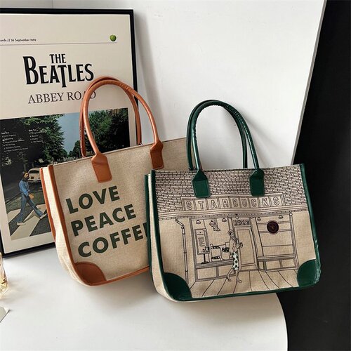 Starbucks linen shoulder bag for women cross-border fashion comic style handbag foreign trade large capacity armpit bag