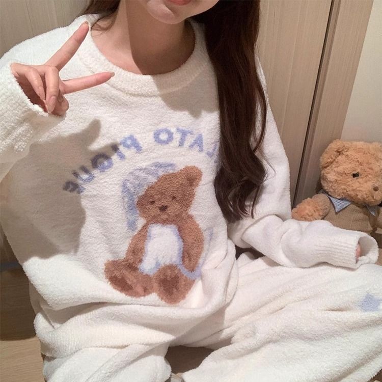 可爱小熊半边绒睡衣女秋冬季加厚针织保暖长袖长裤家居服大码套装|undefined