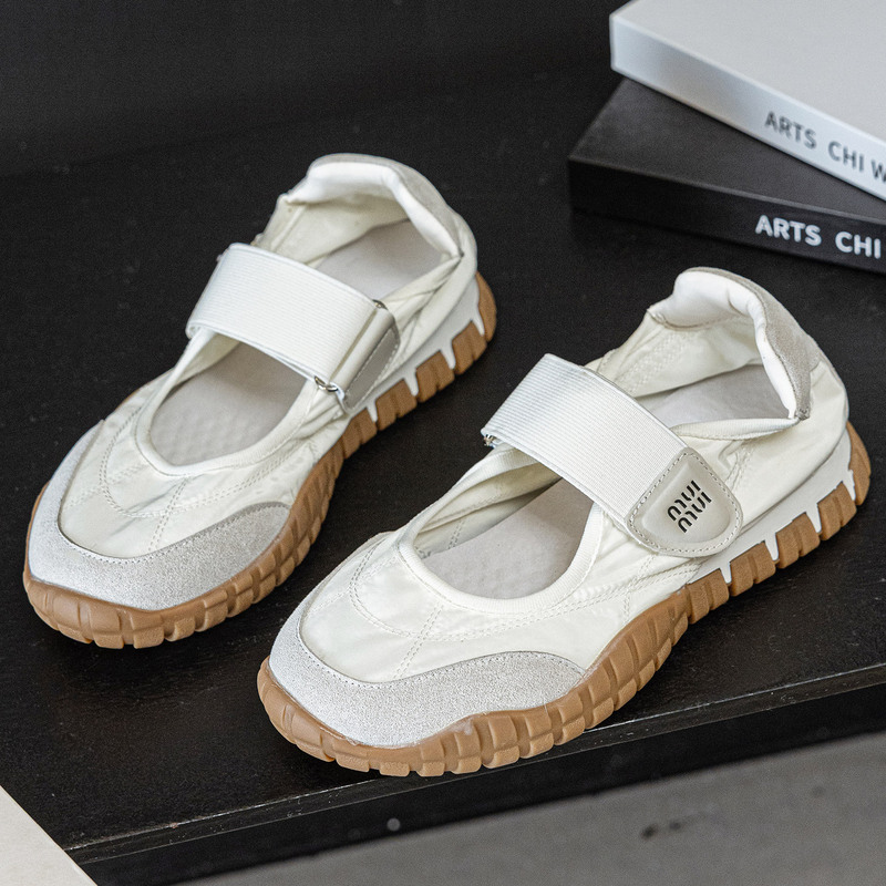 Miu* 2026 Spring New Velcro Sports Casual Shoes for Women Genuine Leather Thick Sole Round Toe Commuting Mary Janes