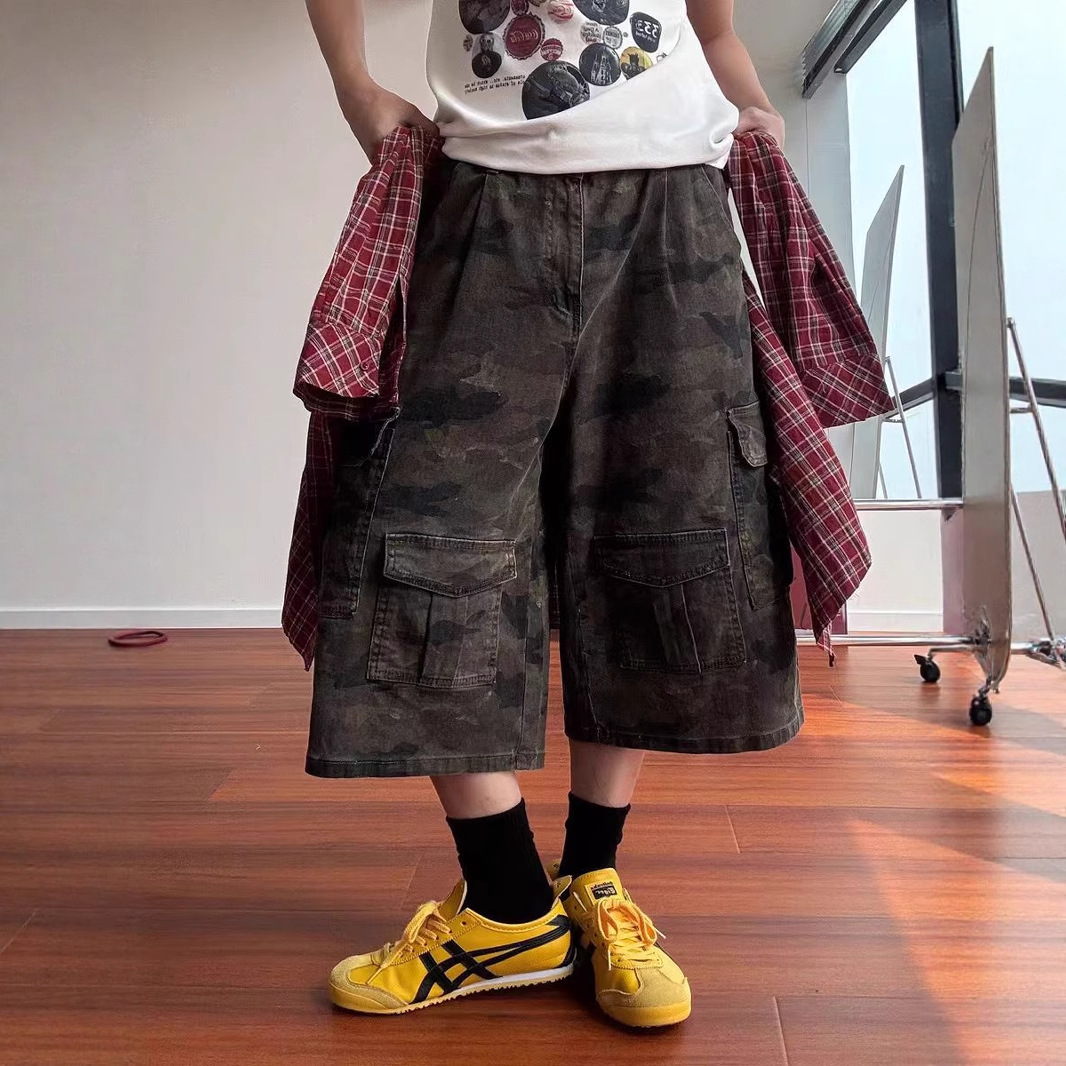 American Retro Multi-Pocket Camouflage Cropped Pants for Men and Women, Summer Versatile Wide-Leg Cargo Casual Denim Shorts