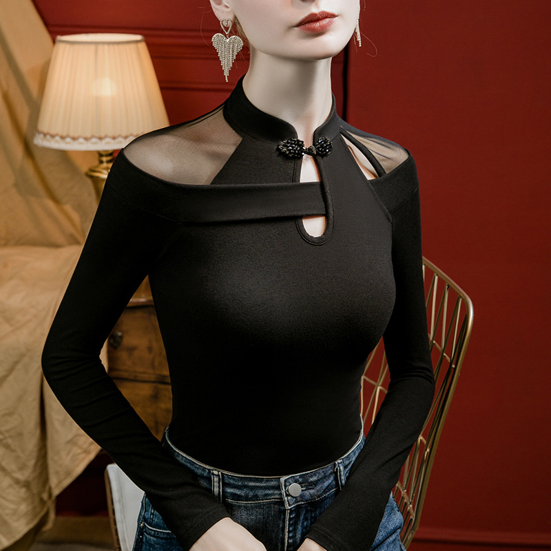 Nuevo estilo hebilla diseño de nicho Otoño e Invierno estilo occidental camisa de fondo Cuello cheongsam estilo chino top de las mujeres slim fit 2023 Otoño image 3